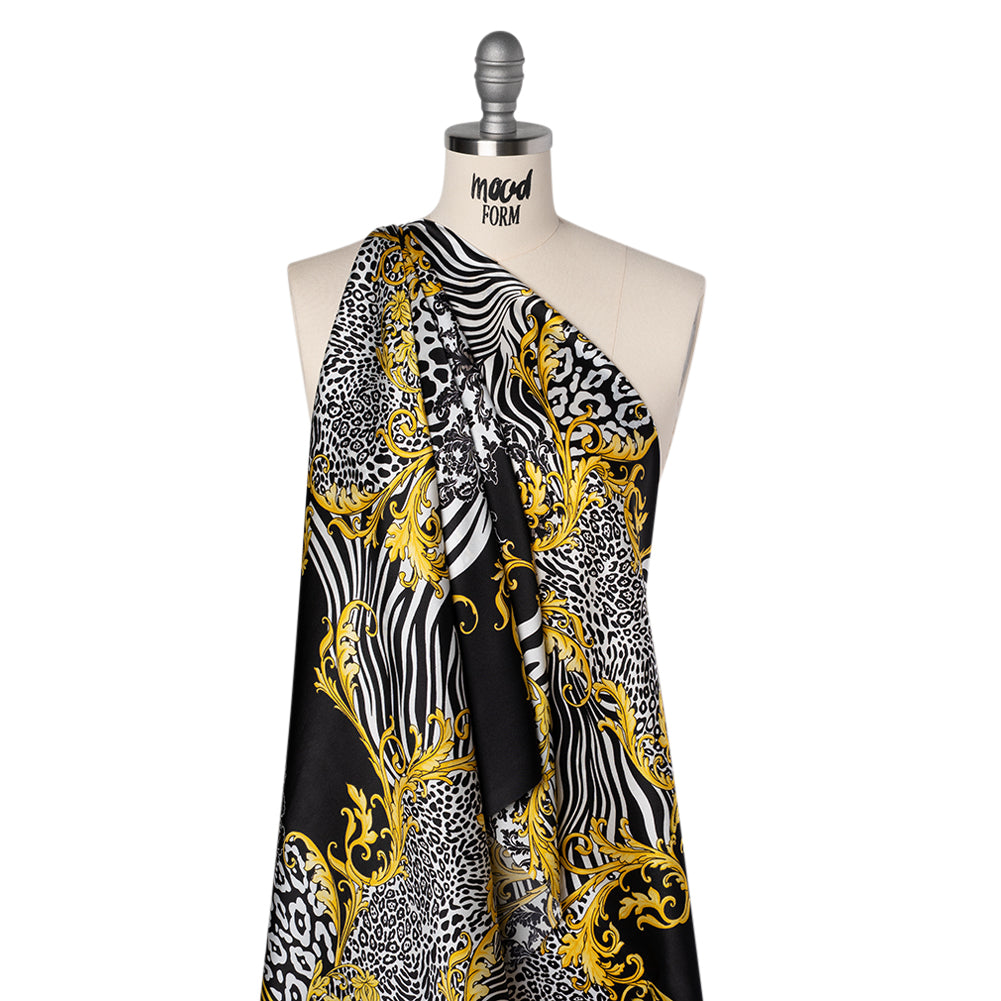 Silk Charmeuse Print 16MM, Made in Italy - Black, White and Yellow Gold Floral Scrolls and Patterned Patchwork with Greek Key Border - Joann Fabrics