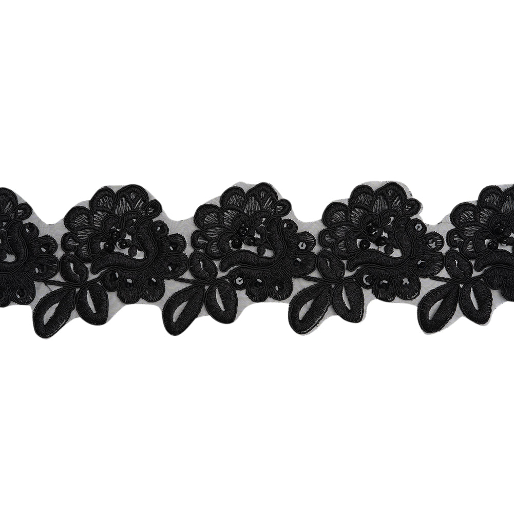 Yaya Han Corded Embroidered Lace Trim with Sequins and Beading - Black Fantasy Flowers, 3.5