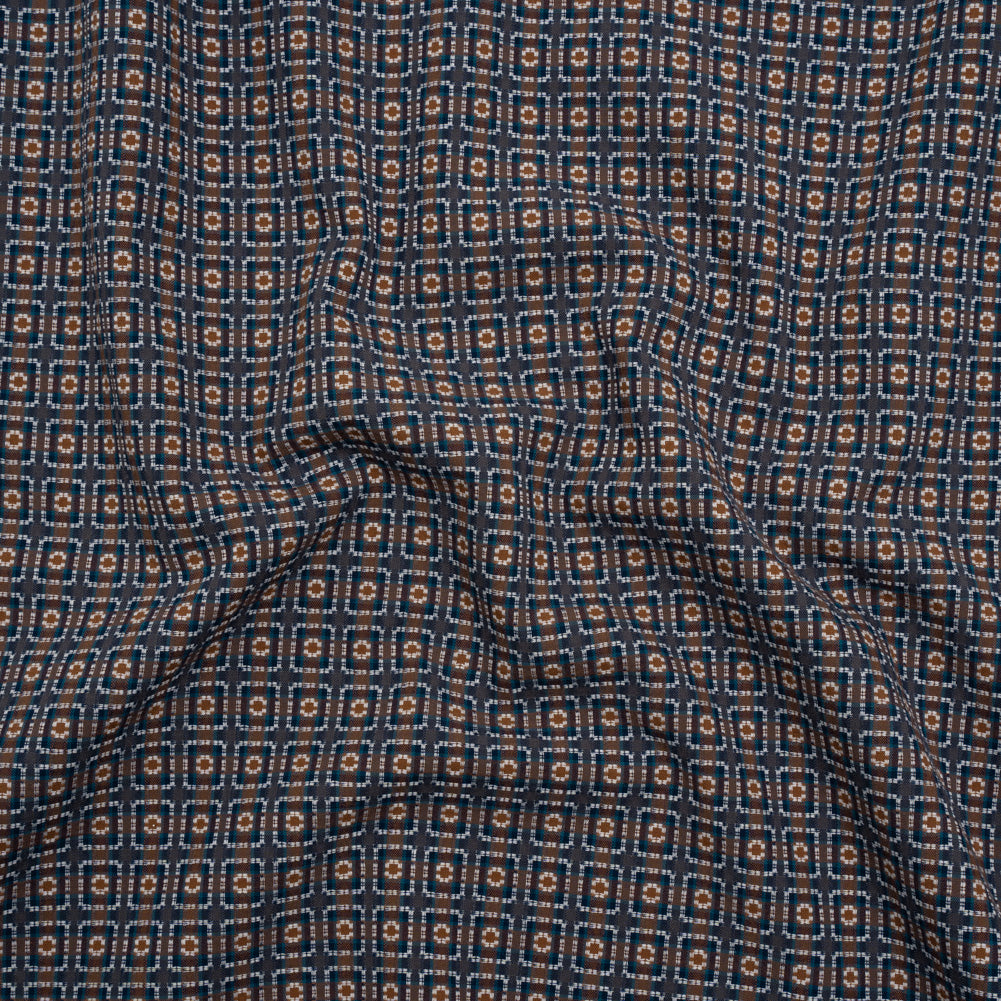 Geometric Cotton Dobby - Blue, Brown and White Rectangle Frames - Deadstock - Joann Fabrics