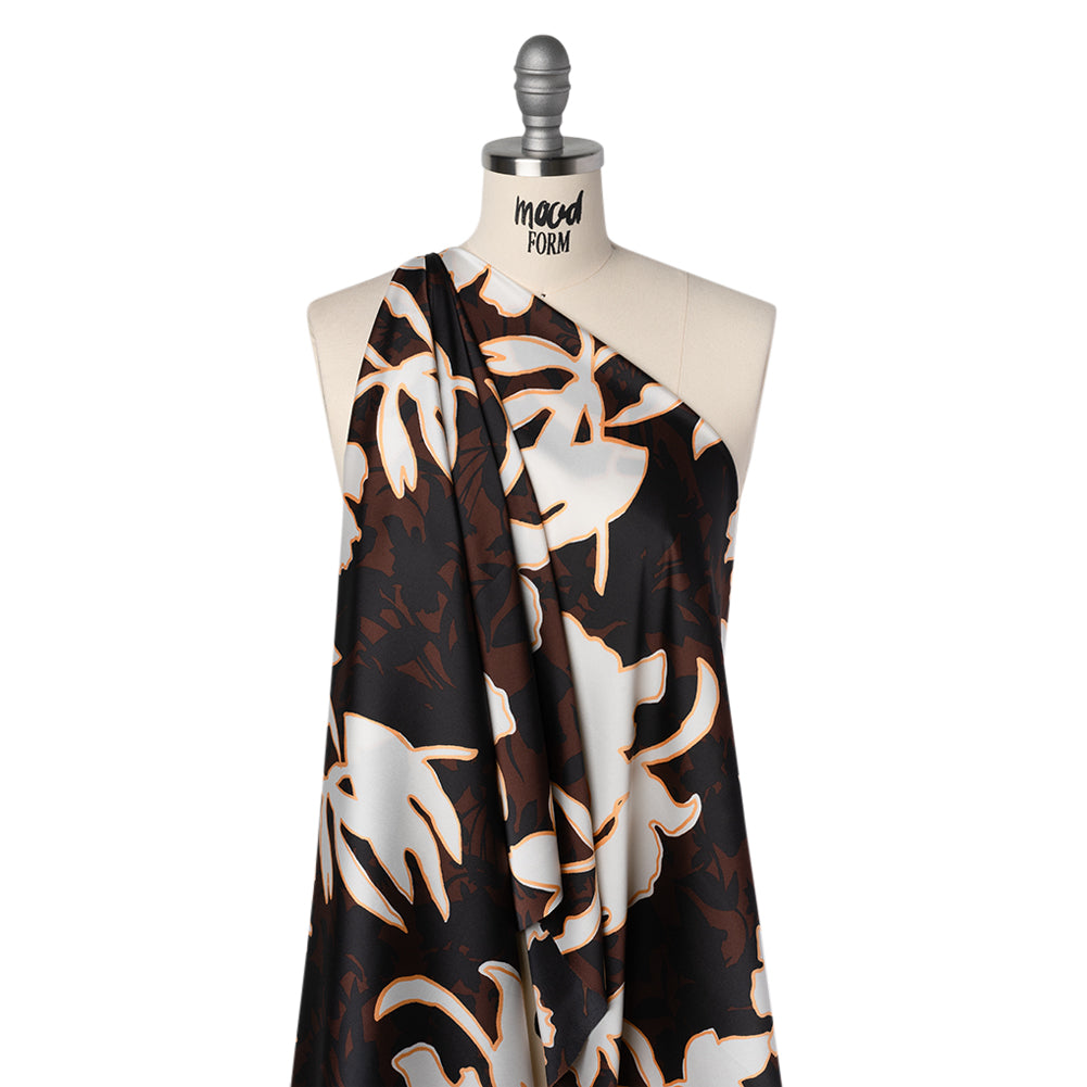 Polyester Charmeuse - Brown, Black and Creamsicle Orange Floral Silhouettes and Outlines - Designer Deadstock - Joann Fabrics