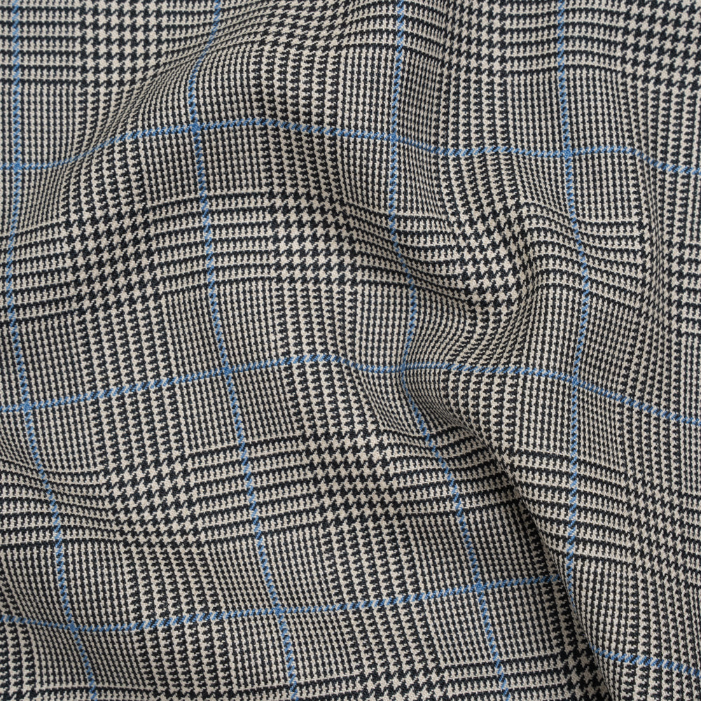 Wool Suiting Made in Italy - Black, White and Sky Blue Glen Plaid - Deadstock - Joann Fabrics
