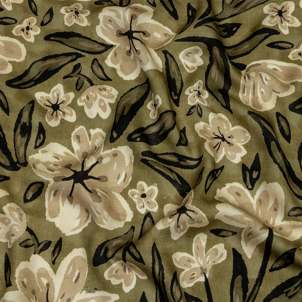 Rayon Challis - Light Green Painterly Floral - Green Wildflower Walk Print - Mood Exclusive Rockland Collection - Joann Fabrics