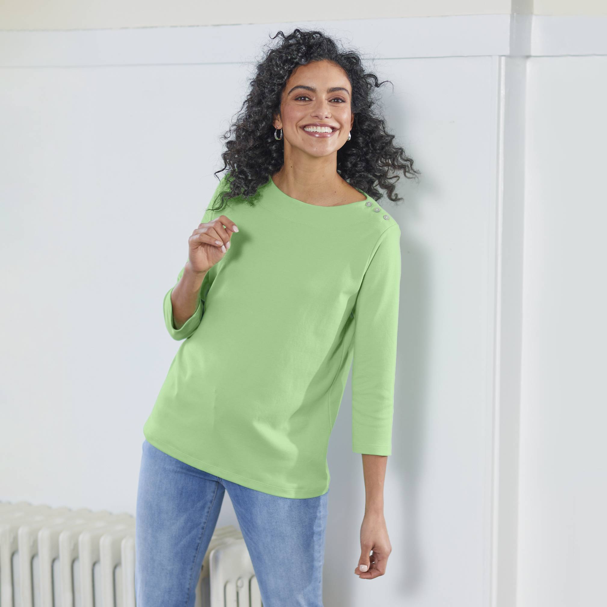 Supima Button Accent Top, Cotton, 3/4 Sleeves - Northstyle Catalog