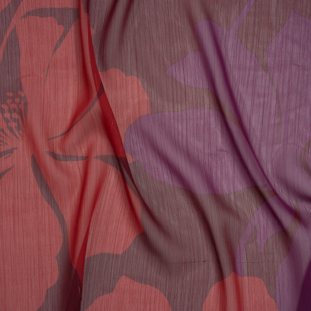 Crinkled Polyester Chiffon Print with Metallic Pinstripes - Burgundy, Brick Red and Plum Floral - Designer Deadstock - Joann Fabrics