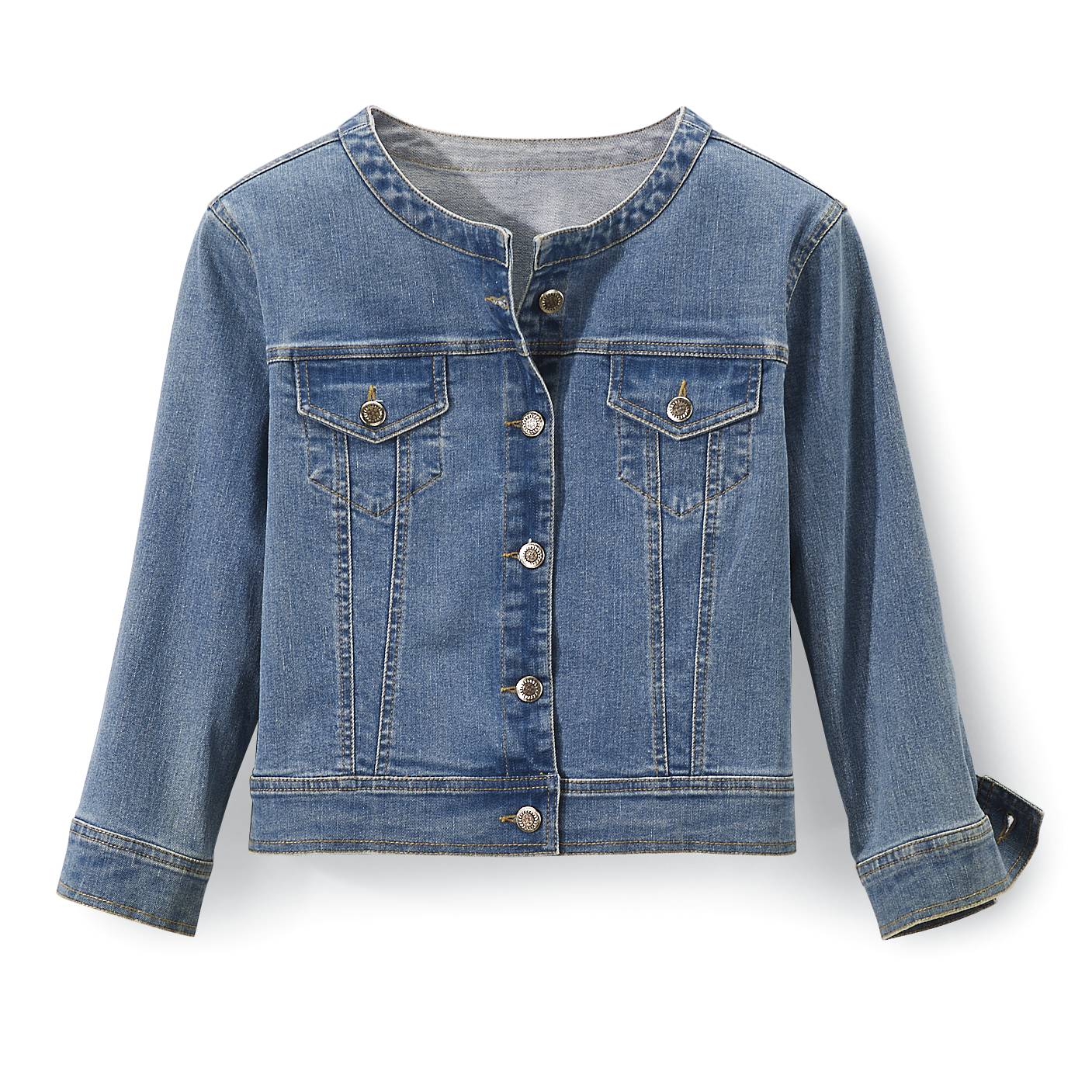 Short Cropped Denim Jacket, 3/4 Sleeves, Button Front, Chest Pocket - Northstyle Catalog