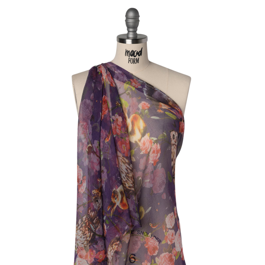 Crinkled Silk Chiffon Print - Purple, Pink and Beige Florals with Owls, Squirrels and Rabbits - Deadstock - Joann Fabrics