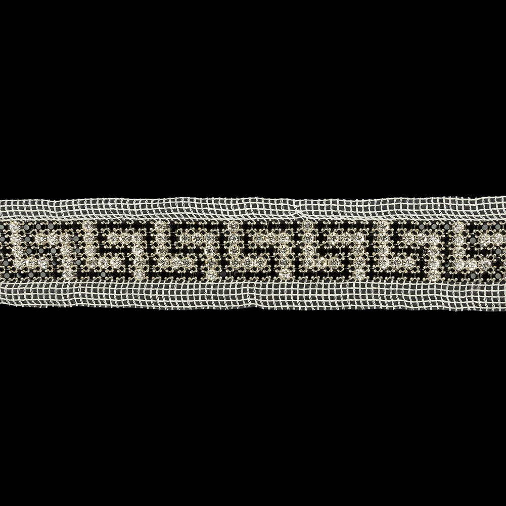 Vintage Crystal and Jet Greek Key Rhinestone Trim on White Mesh - 1.75