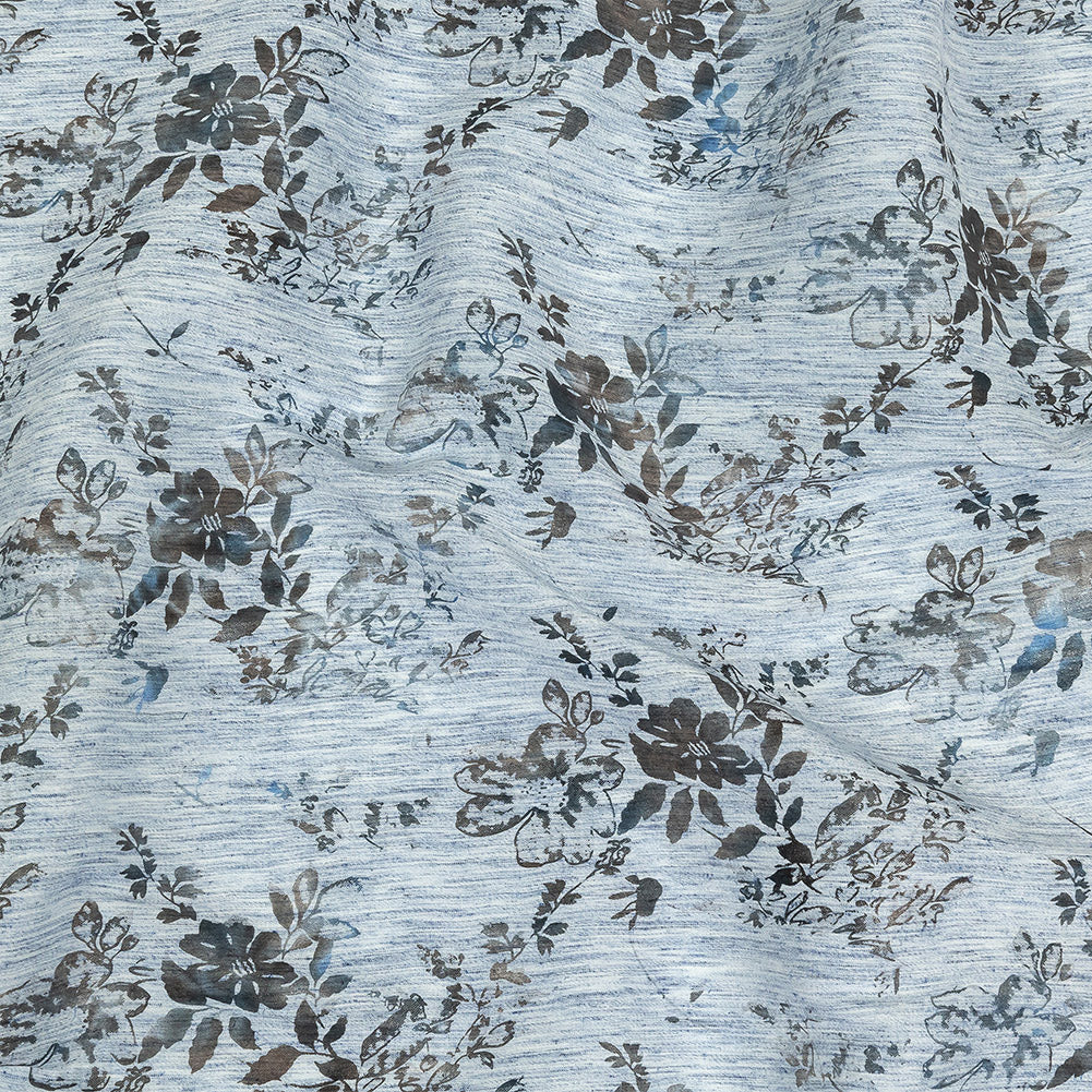 Soft Blue and Gunmetal Foiled Flowers Striated Stretch Cotton Woven - Joann Fabrics
