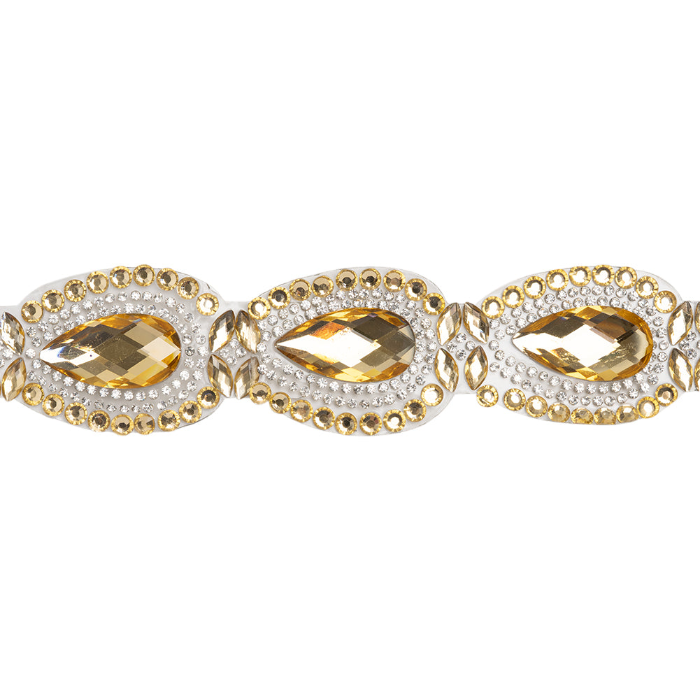 Yaya Han Iron-On Princess Crystal Rhinestone Trim - Gold and Clear Outlined Teardrops, 1.375
