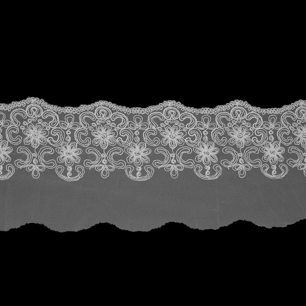 Off-White Floral Embroidered Mesh Trim with a Scalloped Edge - 5.5