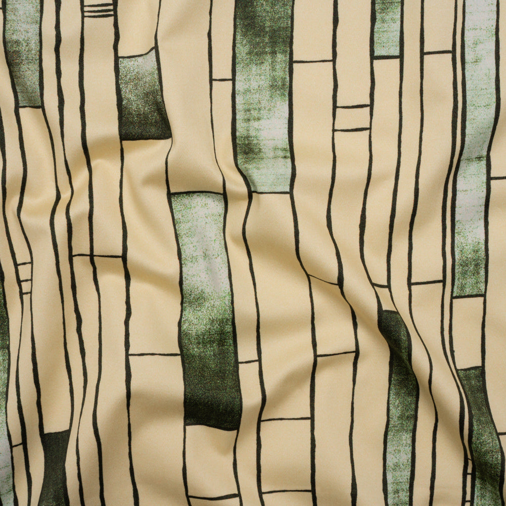 Stretch Cotton Sateen - Green and Cream Geometric Blocks - Cliffside Climb Print - Mood Exclusive Acadia Collection - Joann Fabrics