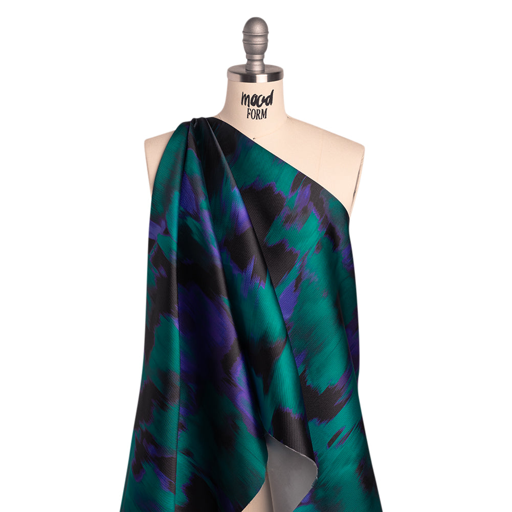 Polyester Twill Print - Emerald, Black and Ultramarine Blue Ikat Floral - Designer Deadstock - Joann Fabrics