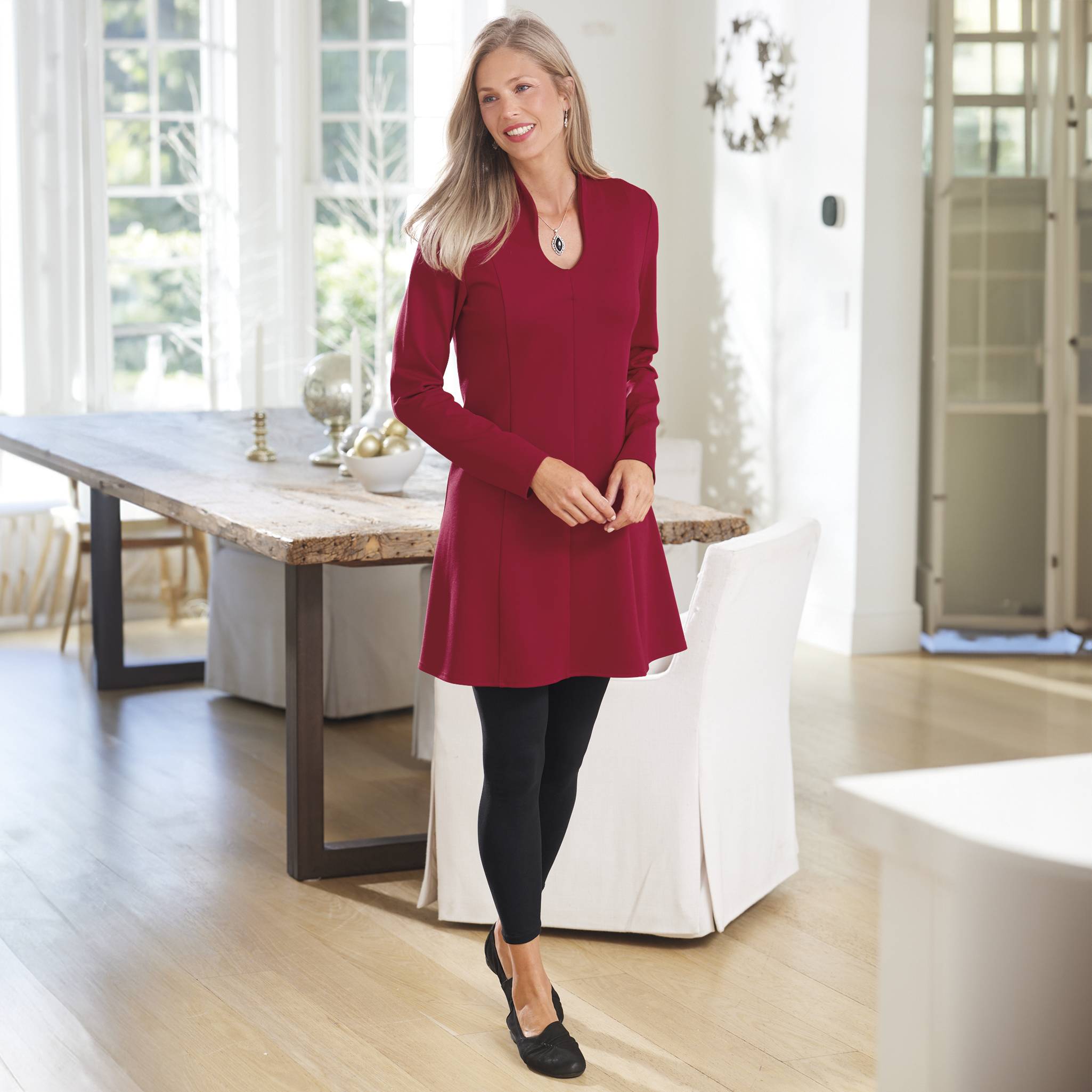Seamed Ponte Knit Tunic, Curved Neckline and Stand Collar - Northstyle Catalog