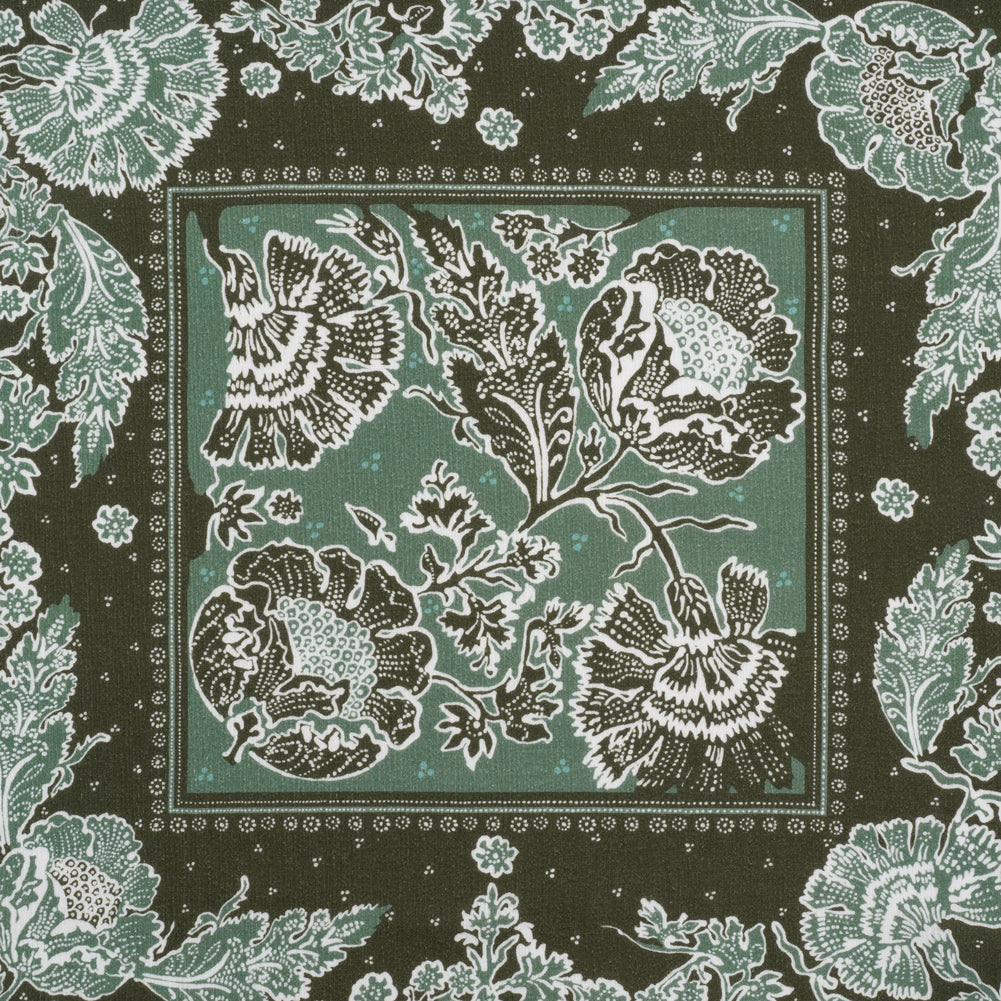 Slubbed Gauzy Cotton Woven - Dark Olive Green and Muted Teal Floral Handkerchief Panel - Mood Exclusive Needlepoint Picnic Print - Joann Fabrics