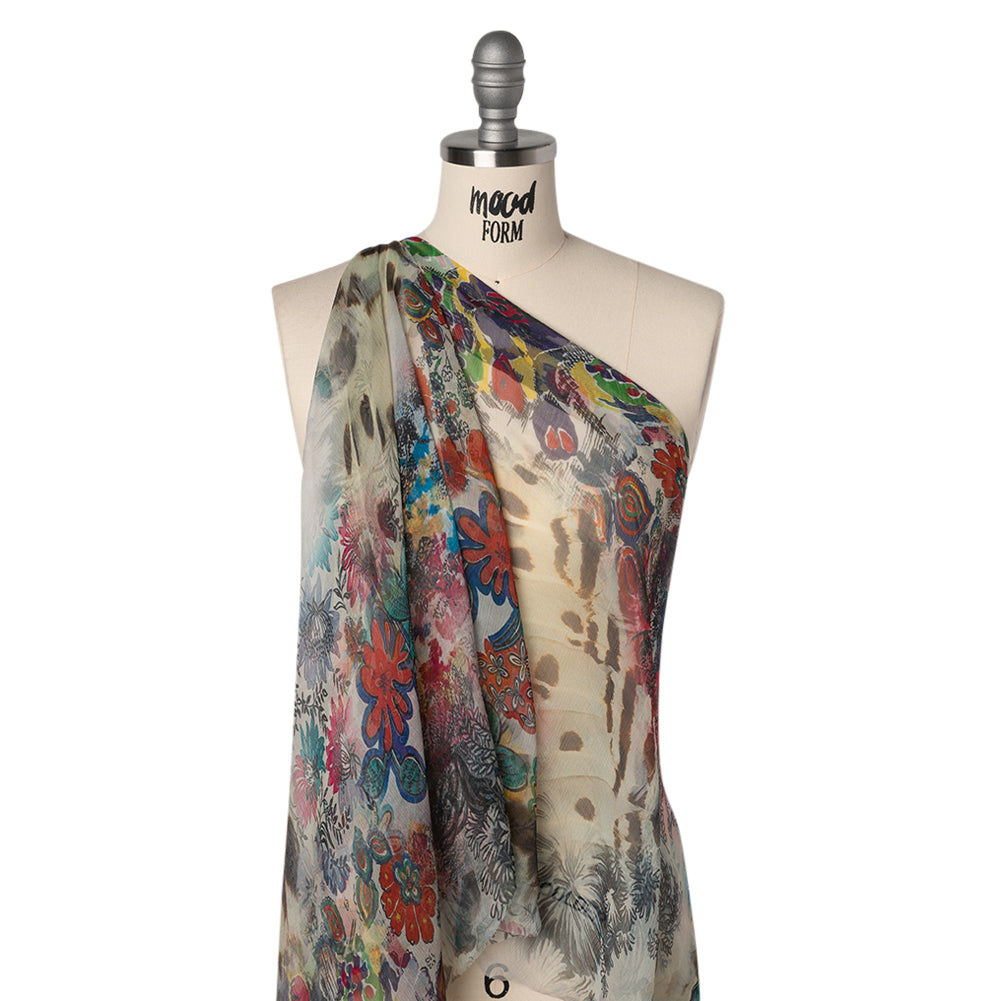 Crinkled Silk Chiffon Print - White, Pink and Yellow Floral - Deadstock - Joann Fabrics