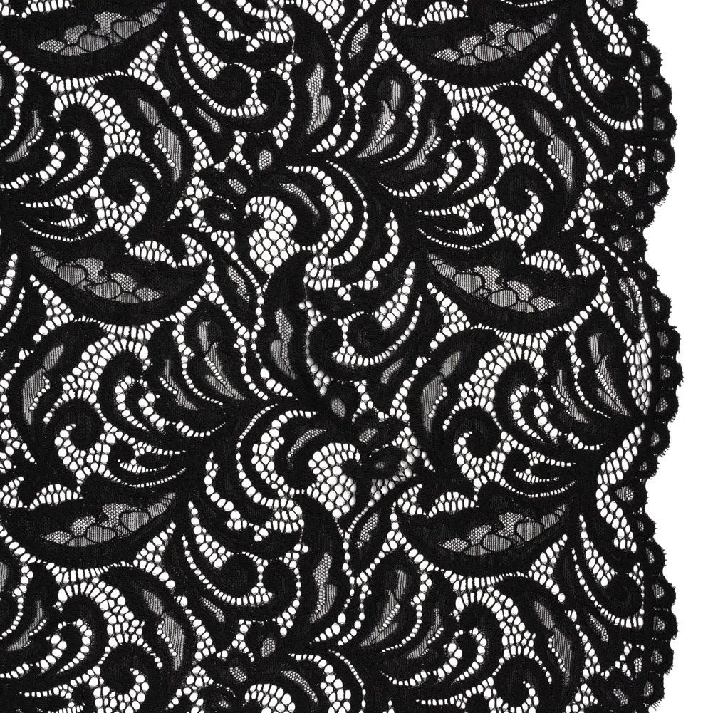 Stretch Re-Embroidered Lace with Finished Edges - Deep Black Paisley Leaves and Florals - Joann Fabrics