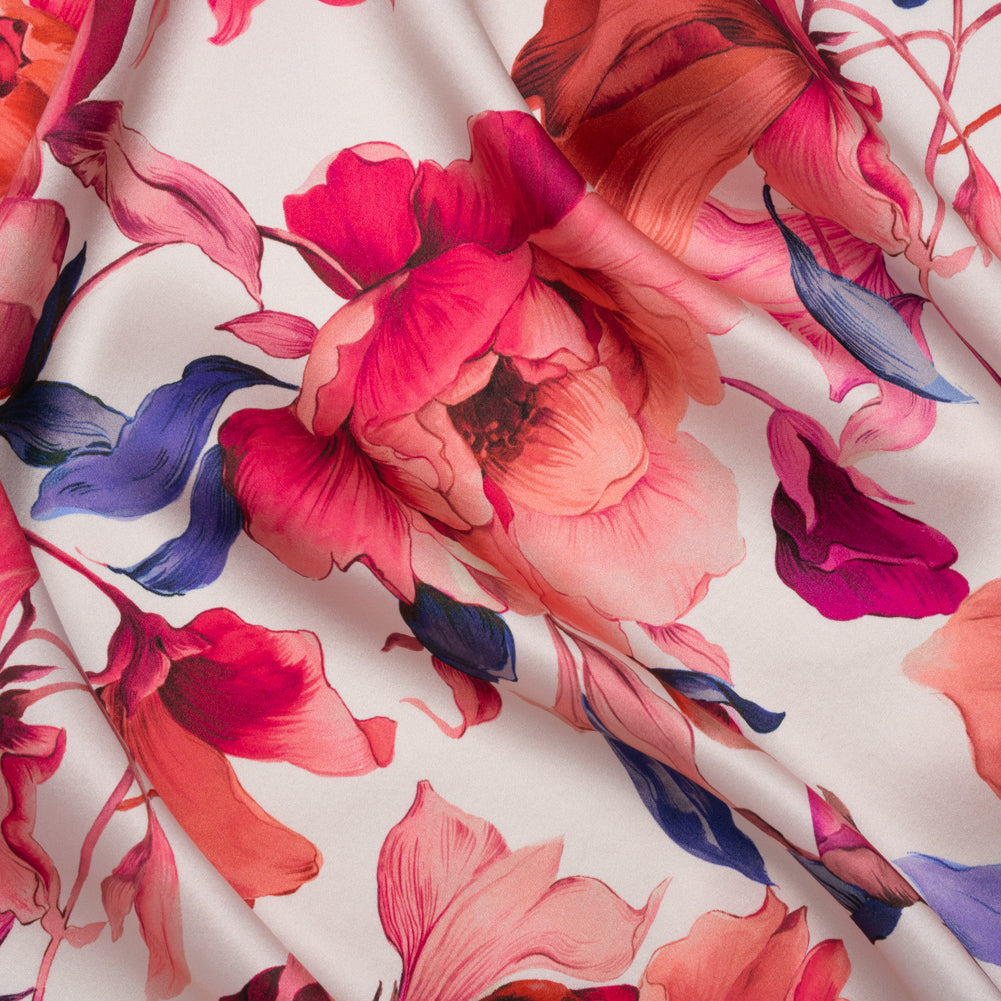 Silk Charmeuse Print 16MM, Made in Italy - White, Bright Pink and Blue Blooming Roses - Joann Fabrics