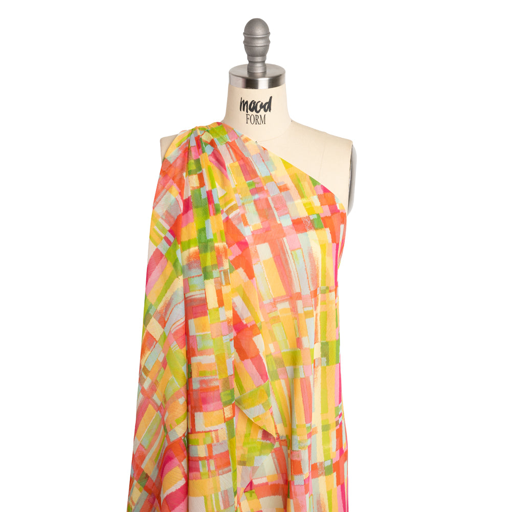 Crinkled Polyester Chiffon Print - Yellow, Lime Green and Pink Painted Plaid - Designer Deadstock - Joann Fabrics