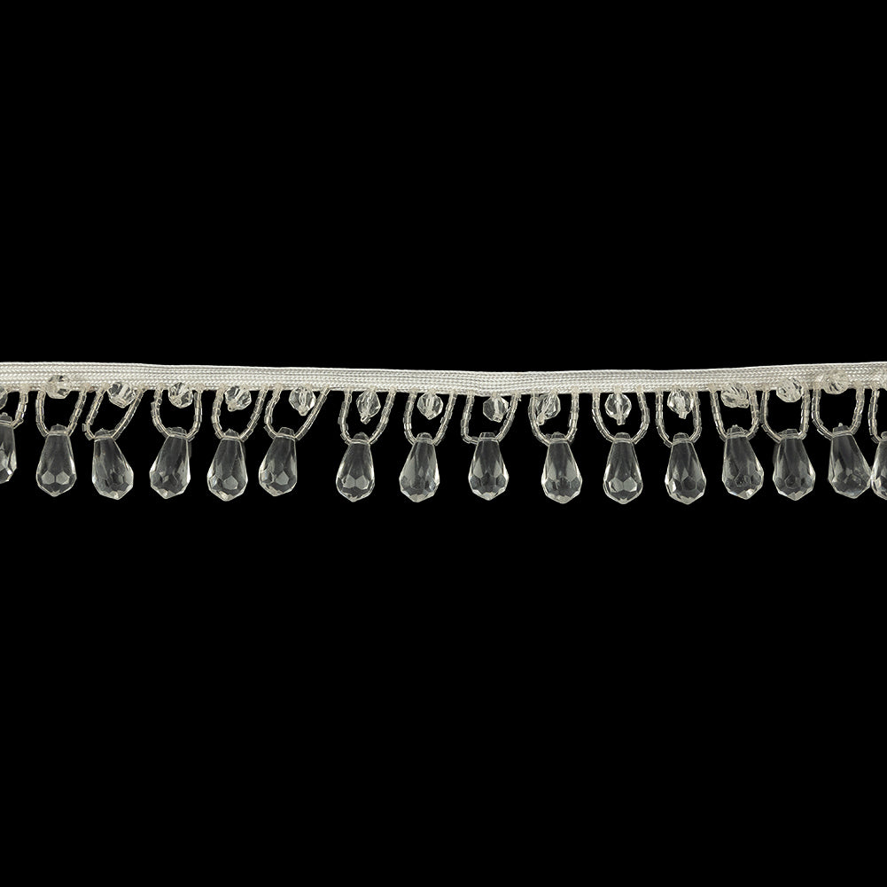 Vintage White and Crystal Teardrops and Seed Beaded Fringe Trim - 1.375