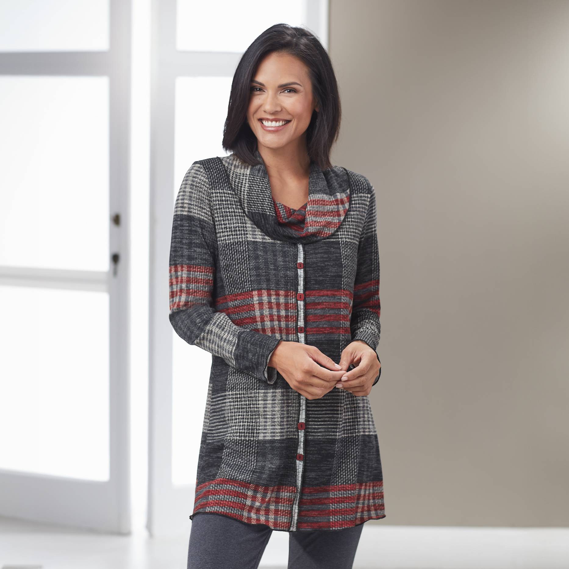Black & Red Cozy Plaid Cowlneck Tunic, Soft Knit, Decorative Buttons - Northstyle Catalog