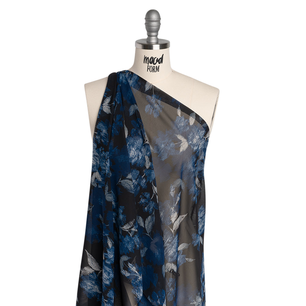 Foiled Polyester Chiffon Print - Black, Blue and Silver Ikat Roses - Designer Deadstock - Joann Fabrics