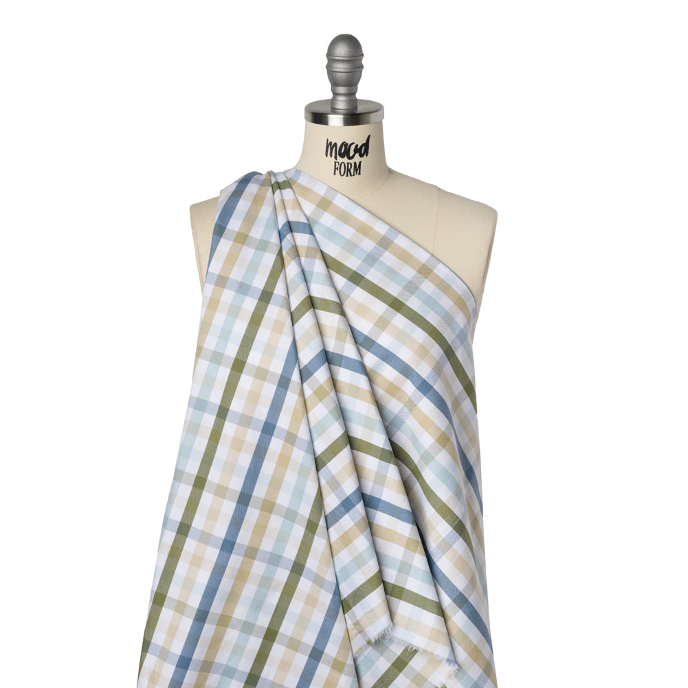 Cotton Oxford Shirting - Blue, Olive Green and Beige Plaid - Deadstock - Joann Fabrics