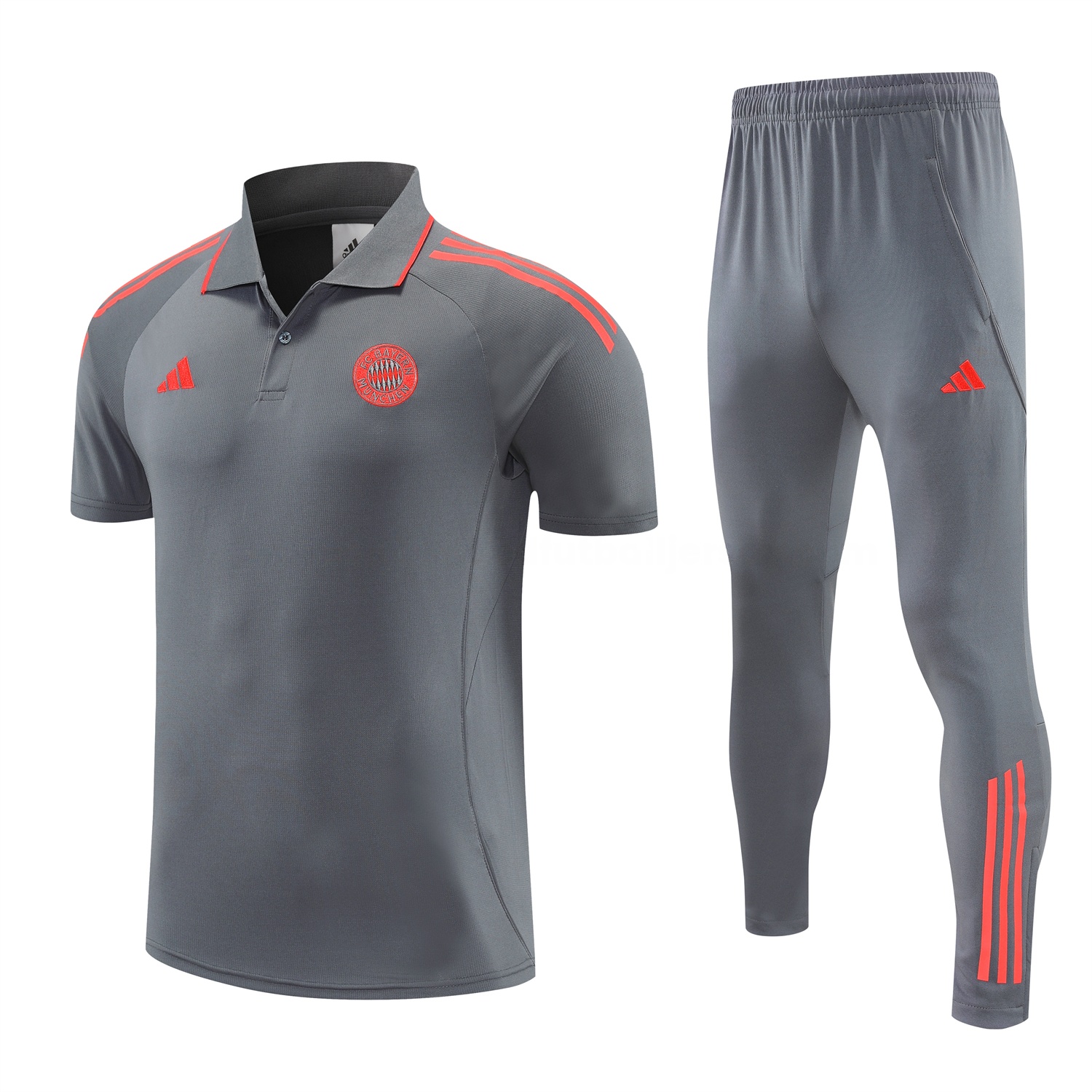 Bayern Munich 25-26 POLO Short-Sleeve Training Set - Deep Grey With Red Top and Pants - UnitedFutballJersey