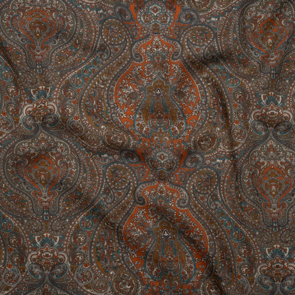 Cotton Crepe - Dark Orange, Blue and Brown Paisley - Mood Exclusive Filigree Flow Print - Joann Fabrics