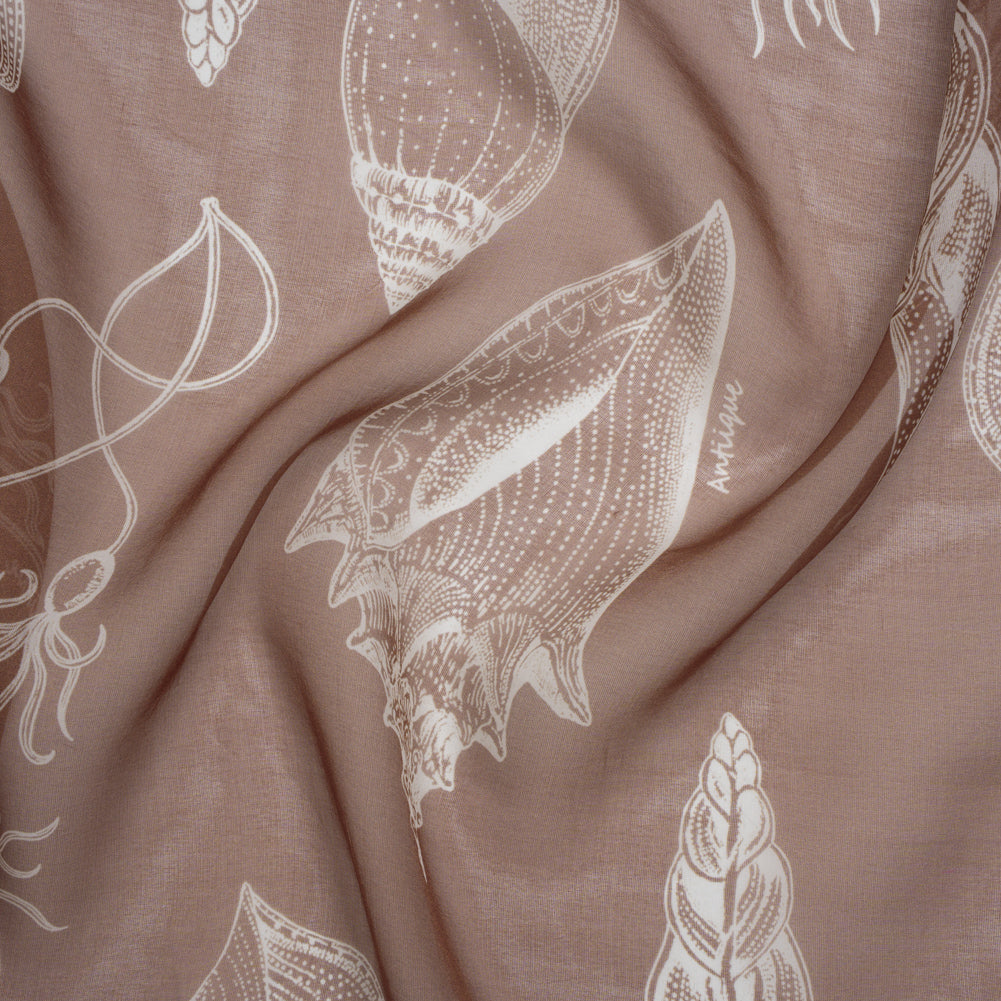 Silk Voile Print - Brown and White Sea Creatures and Shells - Deadstock - Joann Fabrics