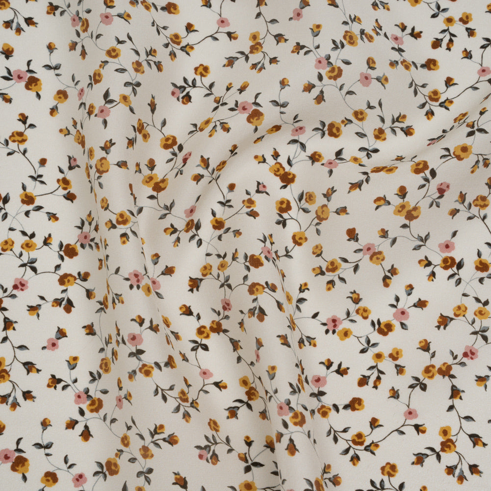 Charmeuse-Backed Silk Print Made in Italy - Ivory, Burnt Orange and Pink Little Flower Vines - Deadstock - Joann Fabrics