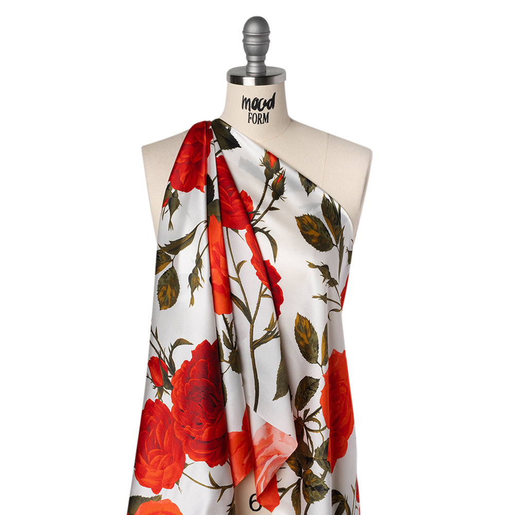 Silk Charmeuse Print 16MM, Made in Italy - White, Red and Olive Green Roses and Stems - Joann Fabrics