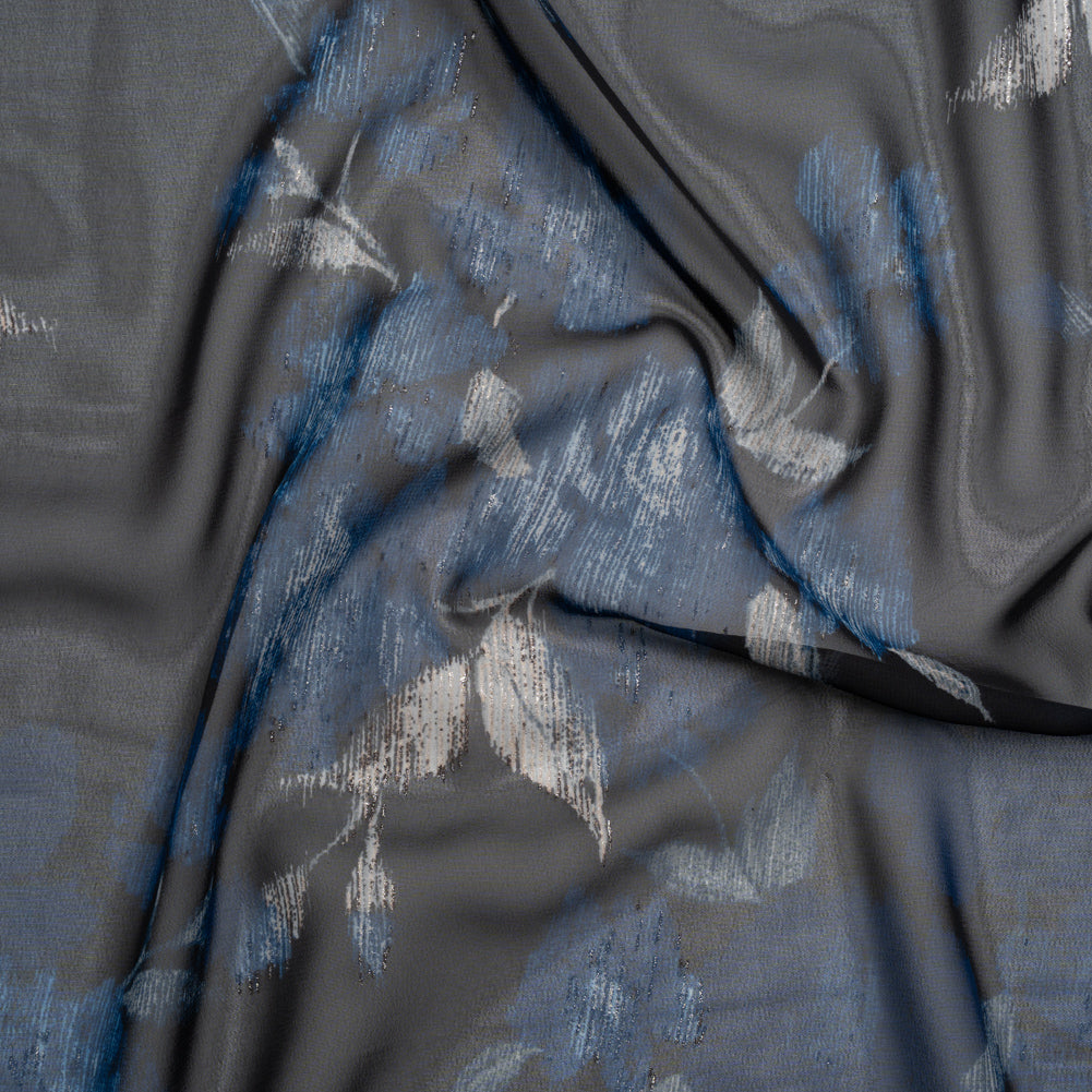 Foiled Polyester Chiffon Print - Black, Blue and Silver Ikat Roses - Designer Deadstock - Joann Fabrics