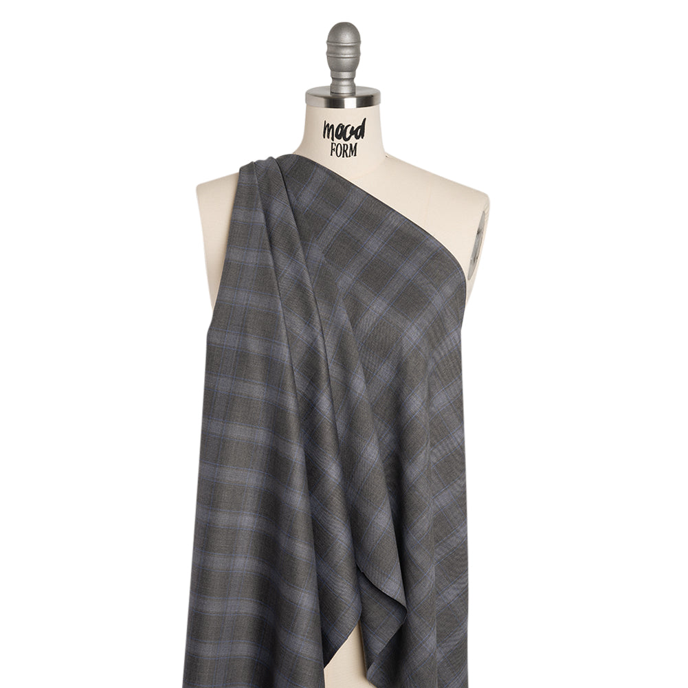 Super 130s Wool Twill Suiting Made in Italy - Gray and Sky Blue Plaid - Deadstock - Joann Fabrics