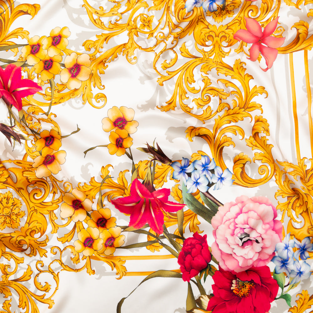 Mood Exclusive Italian White, Blush and Gold Ornate Floral Digitally Printed Silk Charmeuse - Joann Fabrics