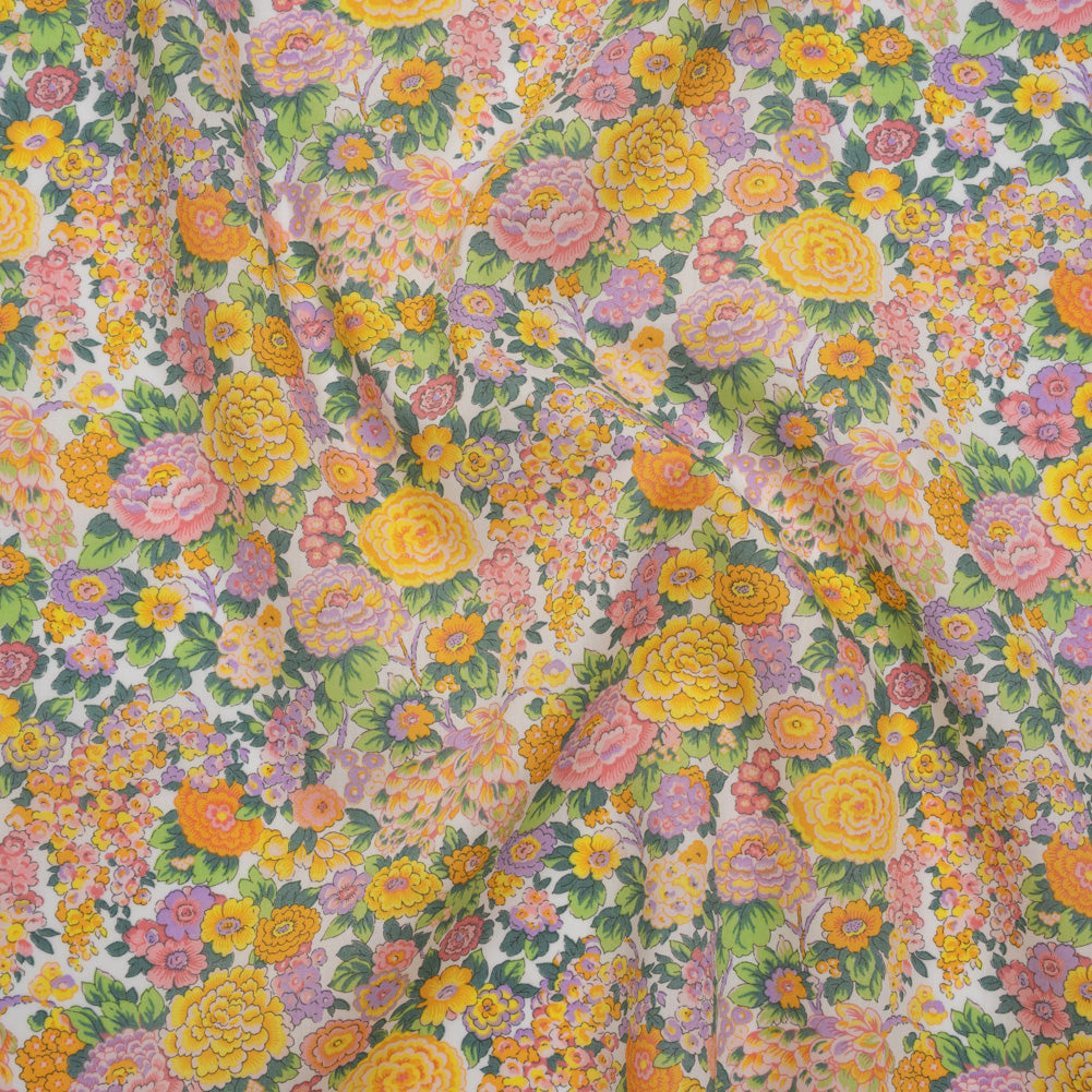 Liberty Fabrics Tana Lawn® - Elysian Day Yellow - Golden Yellow, Light Purple and Green Rosy Blooms - Joann Fabrics