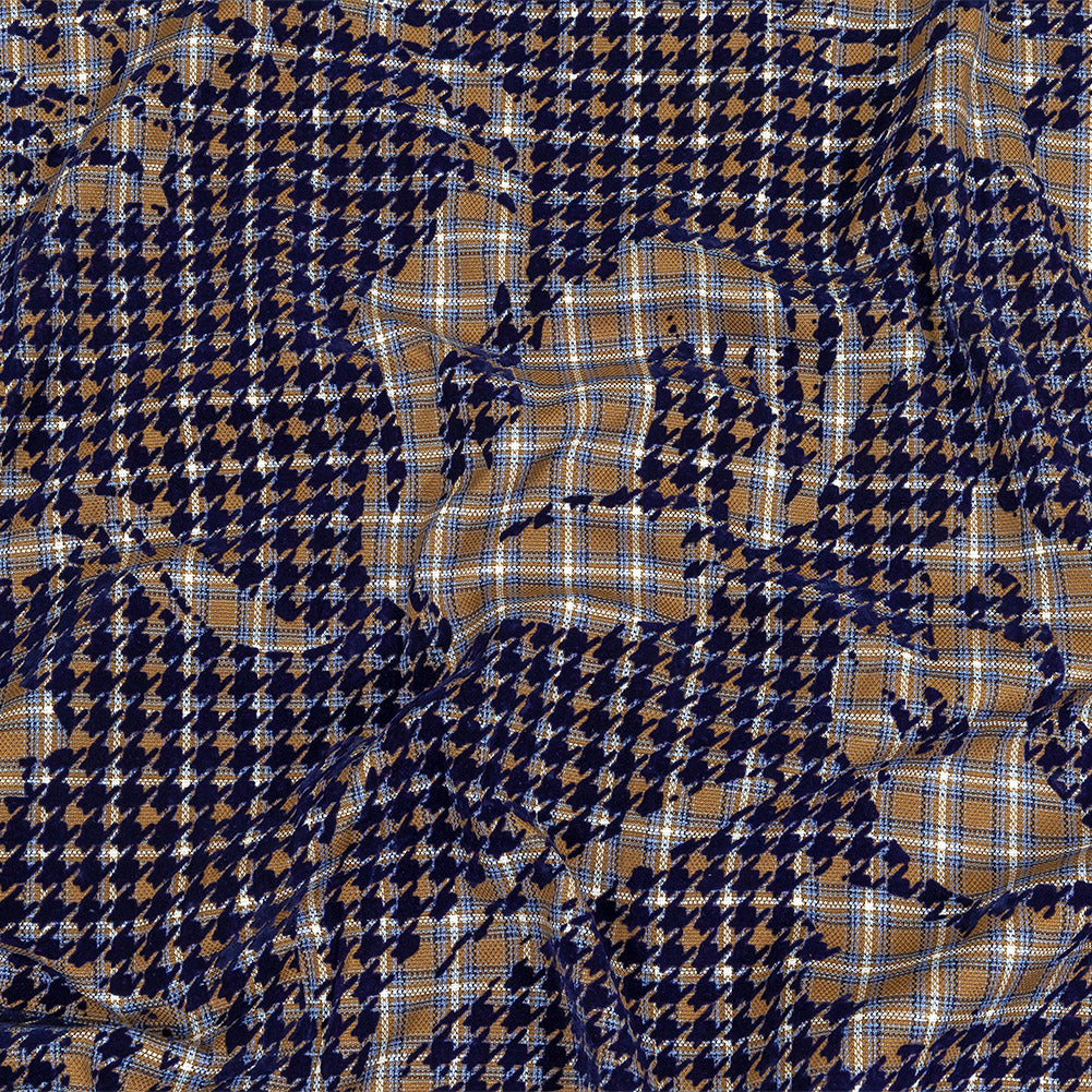 Navy, Tan and White Negative Space Florals in Flocked Houndstooth on Plaid Rustic Cotton and Polyester Woven - Joann Fabrics