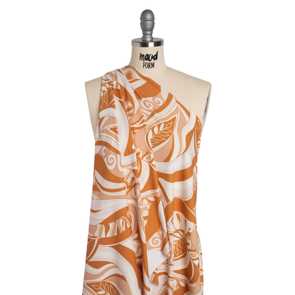 Stretch Nylon Swimwear Tricot - Caramel, Cream and Pale Pink Retro Swirls and Leaves - Designer Deadstock - Joann Fabrics