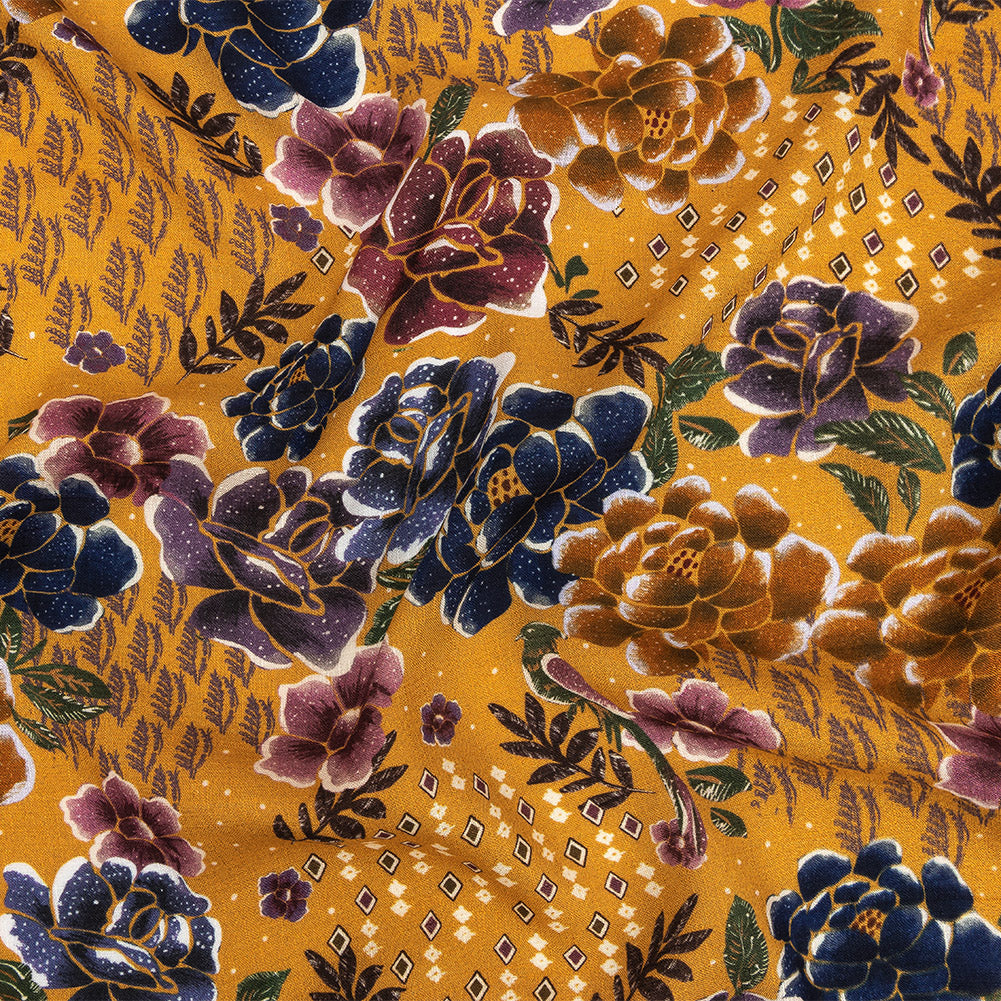 Slubbed Viscose Woven Print - Gamboge Yellow Diamonds and Floral - Mood Exclusive Melange de Fleurs - Joann Fabrics