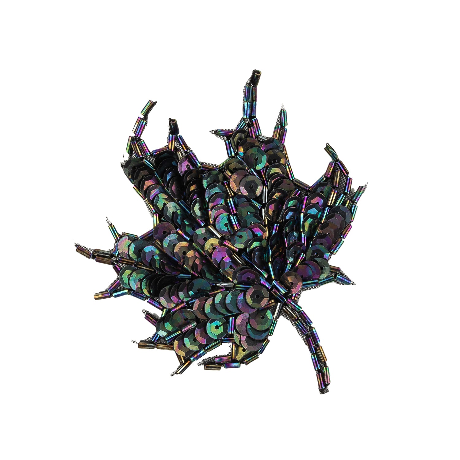 Vintage Black Iris Sequins and Bugle Beaded Small Leaf Applique - 3.75