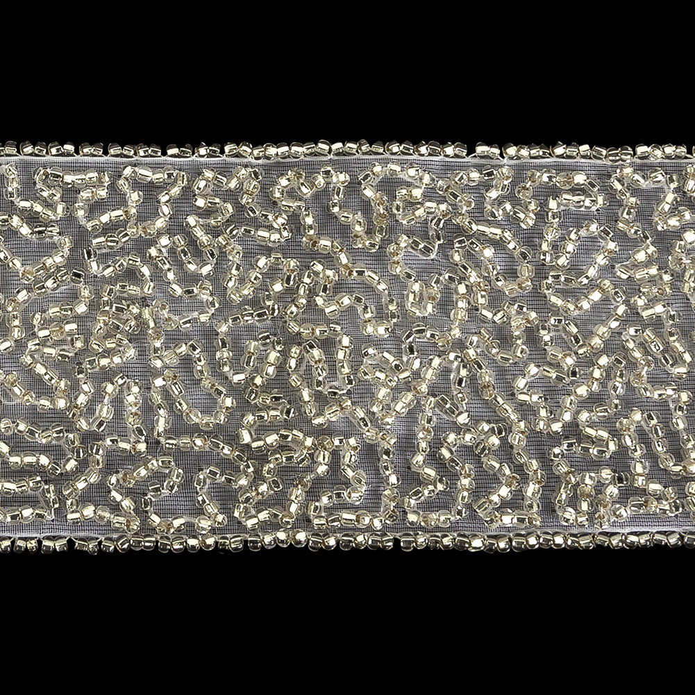Vintage Fancy Silver-lined Abstract Beaded Trimming on White - 2