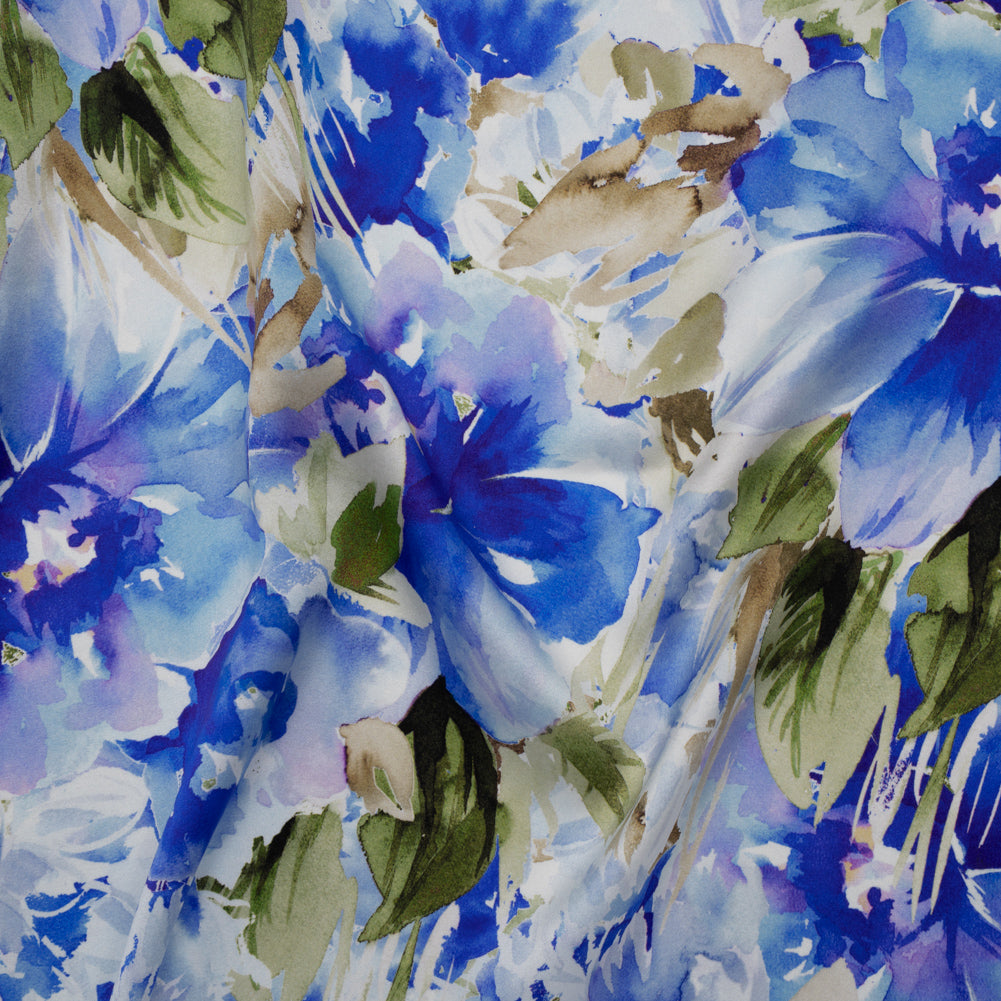 Silk Charmeuse Print 16MM, Made in Italy - Ultramarine Blue and Olive Green Watercolor Flower Garden - Joann Fabrics