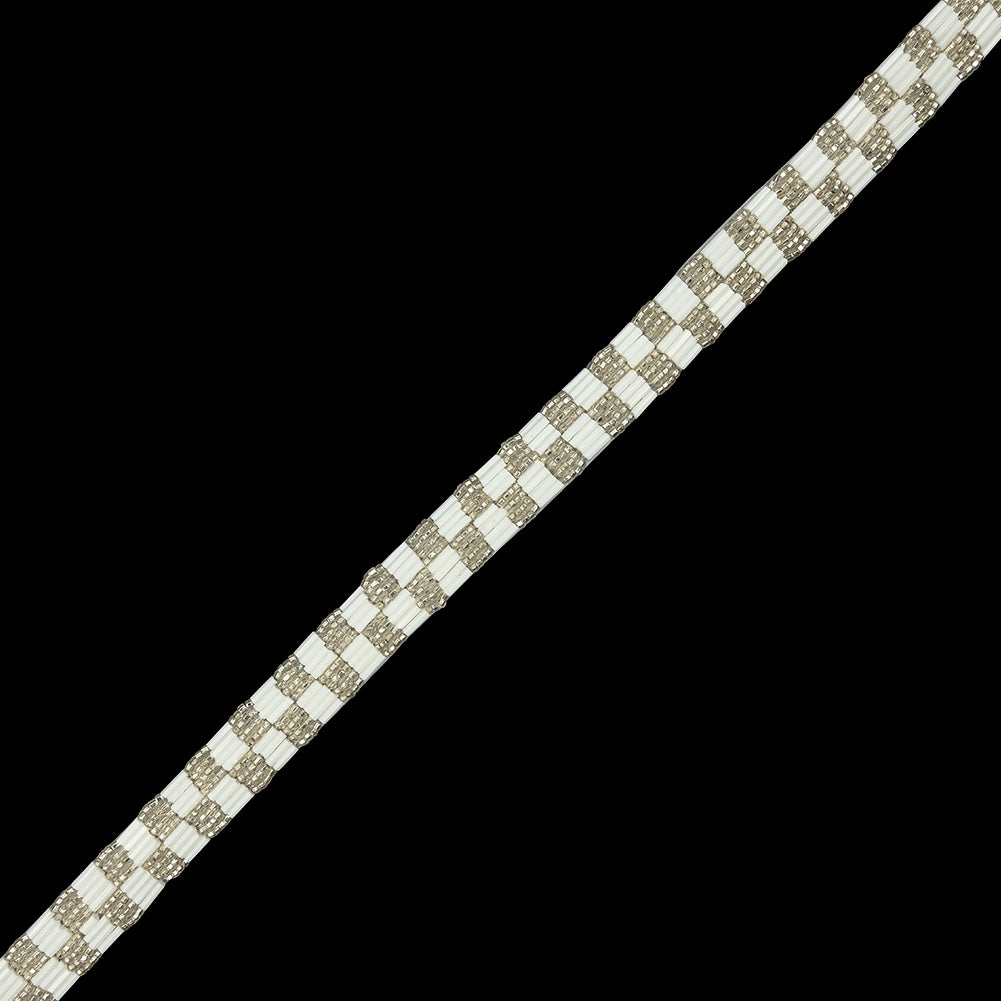Vintage White and Silver Two Row Checkerboard Beaded Trim - 0.625