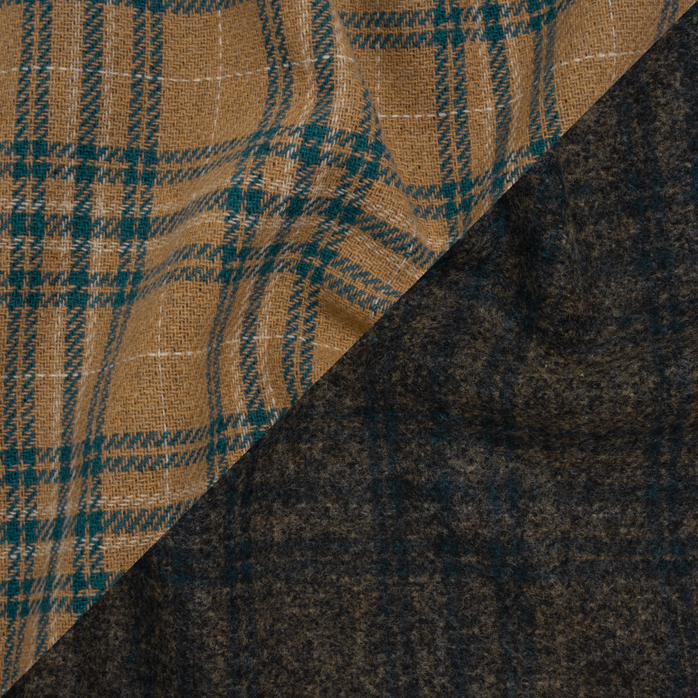 Wool Blend Double Faced Coating Made in Italy - Tan, Dark Teal and Charcoal Plaid - Deadstock - Joann Fabrics