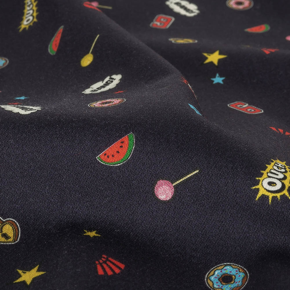 Stretch Cotton Sateen - Navy Pop Icons - Candy & Combat Print - Mood Exclusive Comic Collection - Joann Fabrics