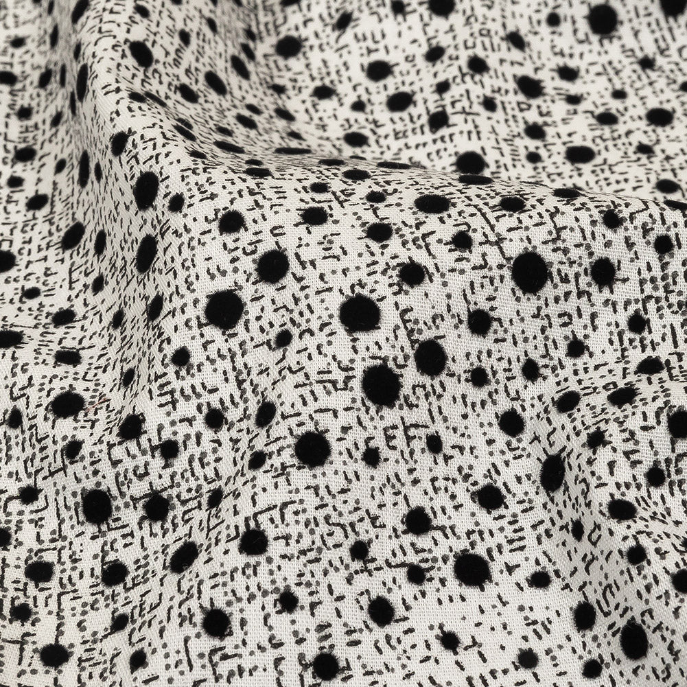 Black Flocked Polka Dots on Gray and White Abstract Stretch Cotton Shirting - Joann Fabrics