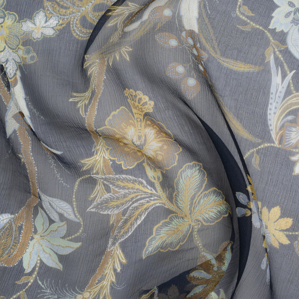 Crinkled Silk Chiffon Print - Navy, Brown and Yellow Classical Floral with Birds - Deadstock - Joann Fabrics