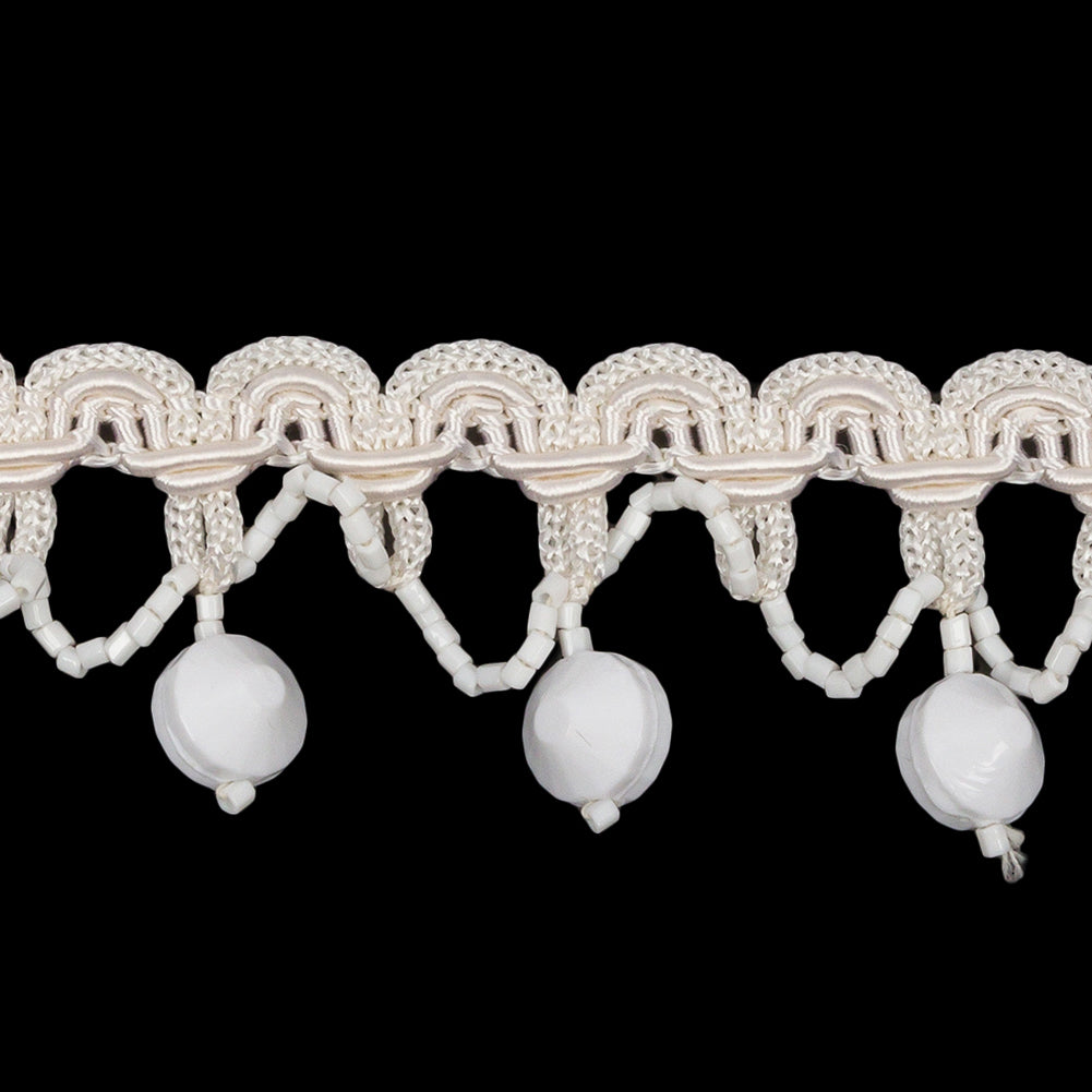Vintage White Faceted and Seed Beaded Loops Fringe on Ivory Braided Trim - 1.25