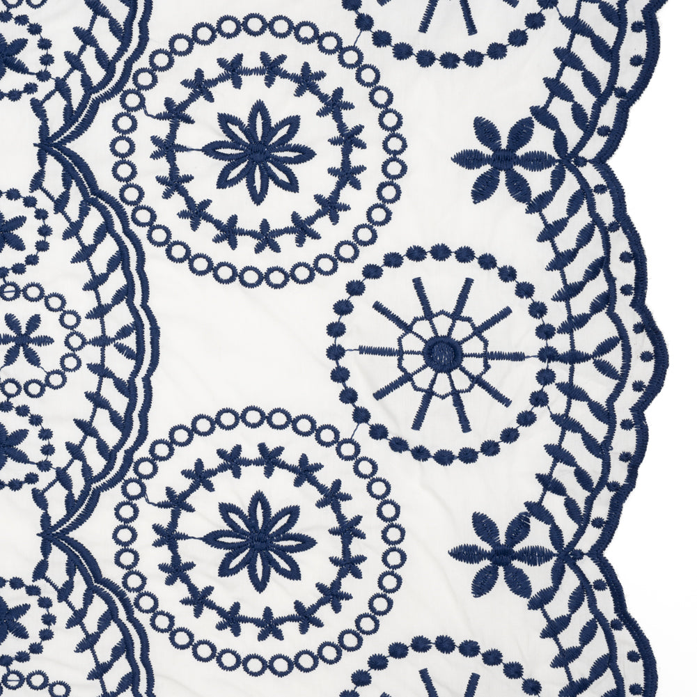 Embroidered Cotton and Polyester Shirting with Scalloped Edges - White and Navy Blue Floral Medallions - Designer Deadstock - Joann Fabrics