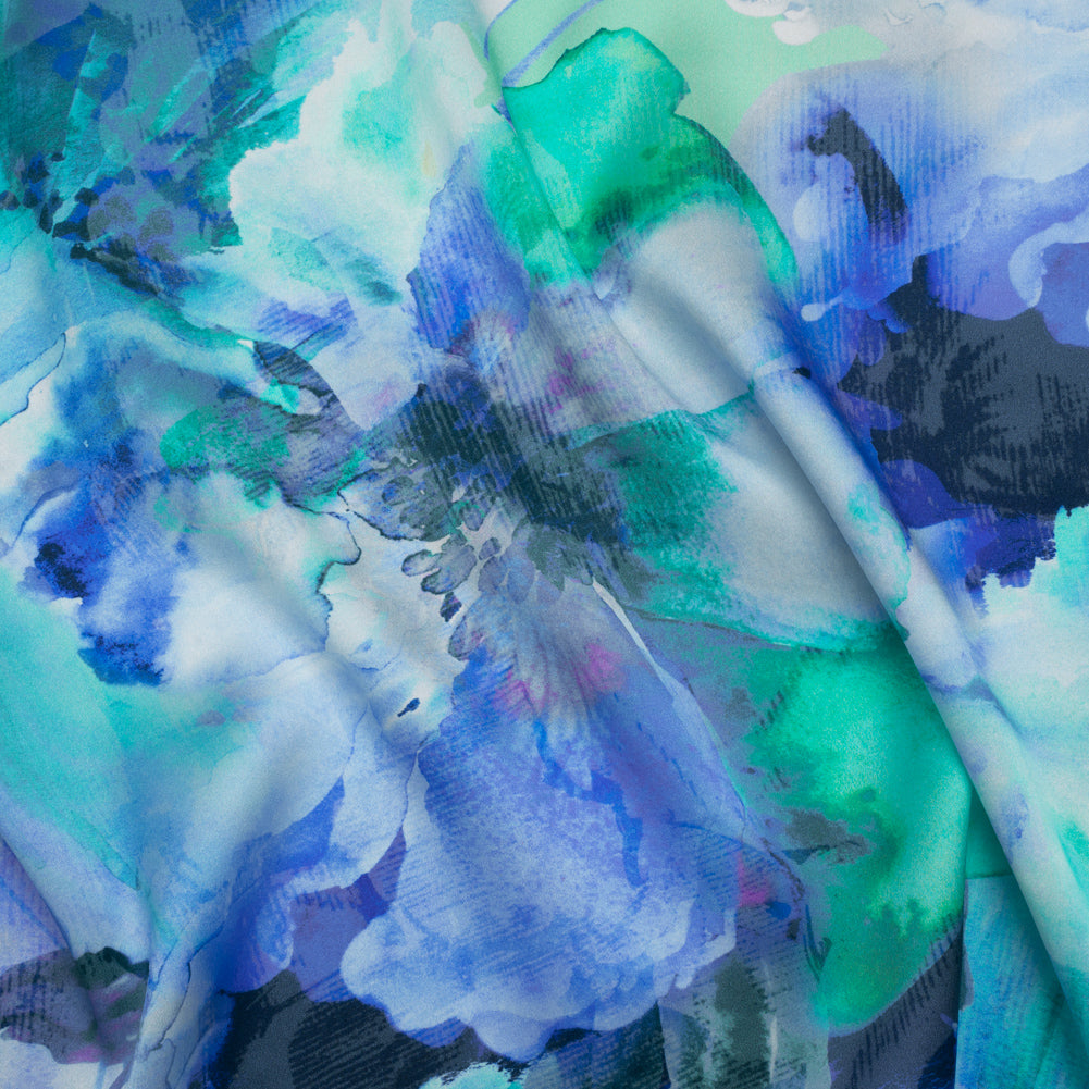 Silk Charmeuse Print 16MM, Made in Italy - Blue, Green and Light Purple Watercolor Flowers - Joann Fabrics