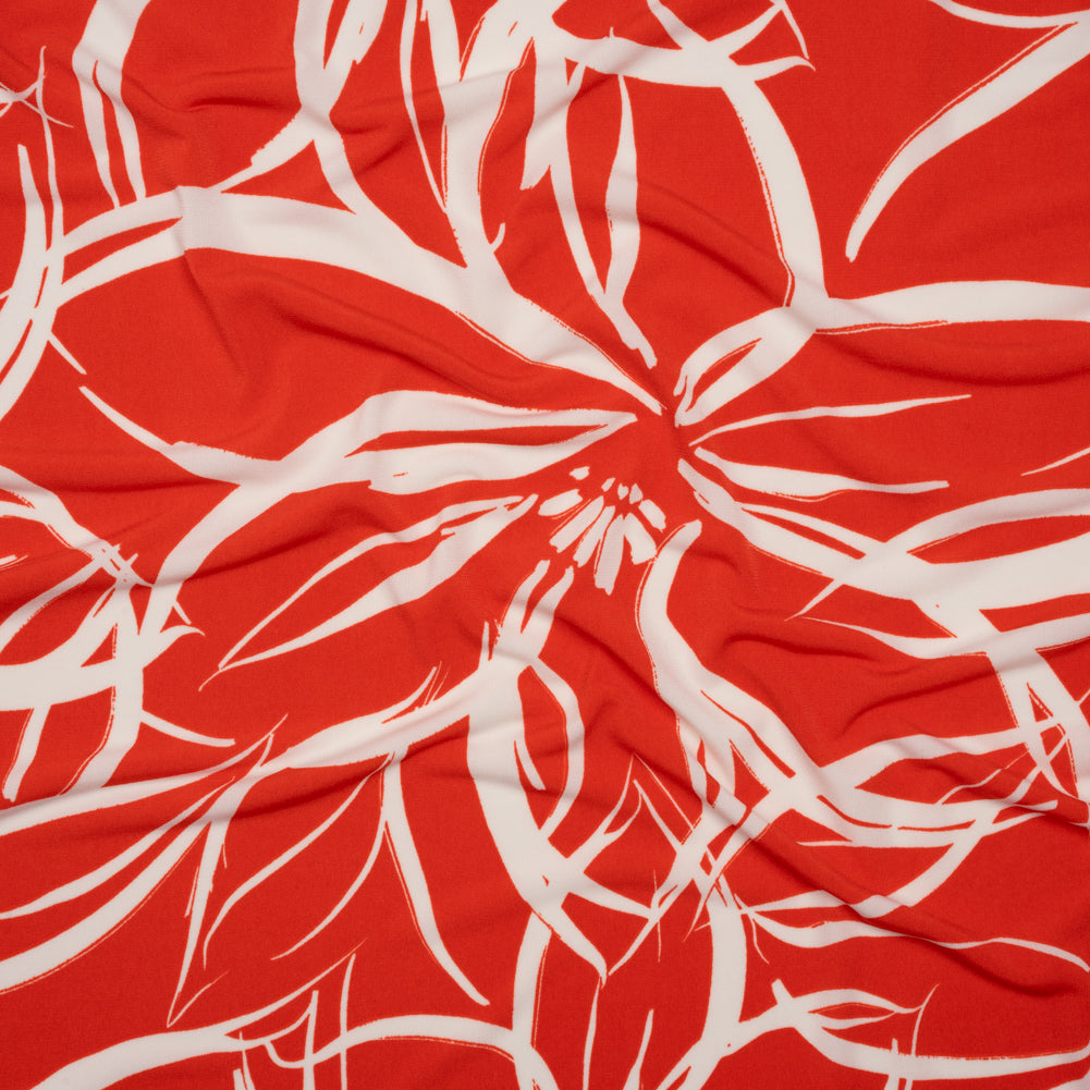Stretch Polyester Tricot - Orange Red and White Flowers and Leaves - Designer Deadstock - Joann Fabrics